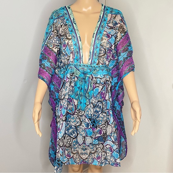 Vibrant Blue Turquoise and Purple Sheer Women's Swim Cover-Up Fits M/L - Picture 1 of 16